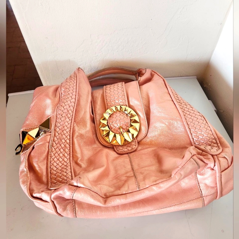 AUTHENTIC BETSEY JOHNSON large leather SHOULDER BAG pink gold SATCHEL purse